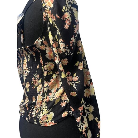 FREE PEOPLE HILARY Floral Print Square Neck Long Sleeve Crop Top Tie Back - Picture 3 of 10